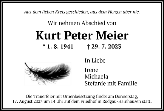 Todesanzeige von Kurt Peter Meier von OF