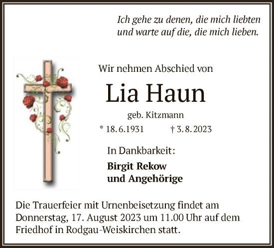 Todesanzeige von Lia Haun von OF