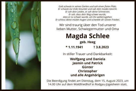 Todesanzeige von Magda Schlee von OF