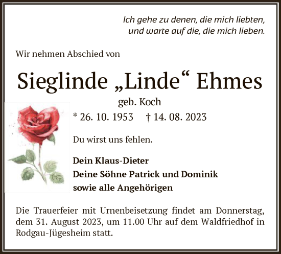 Todesanzeige von Sieglinde Ehmes von OF