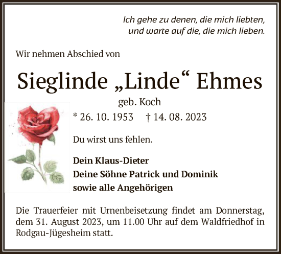 Todesanzeige von Sieglinde Ehmes von OF