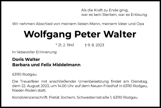 Todesanzeige von Wolfgang Peter Walter von OF