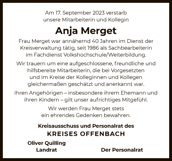 Todesanzeige von Anja Merget von OF