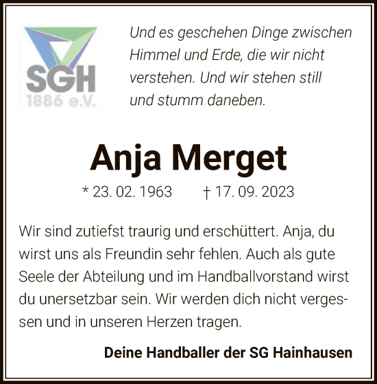 Todesanzeige von Anja Merget von OF