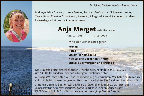 Todesanzeige von Anja Merget von OF