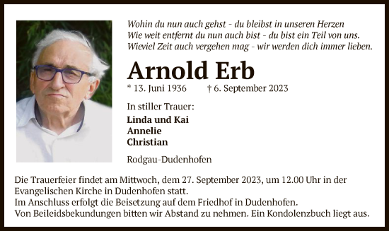 Todesanzeige von Arnold Erb von OF