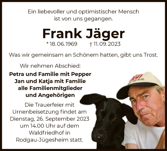 Todesanzeige von Frank Jäger von OF