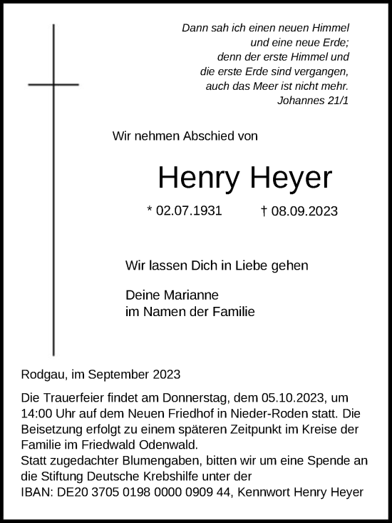 Todesanzeige von Henry Heyer von OF