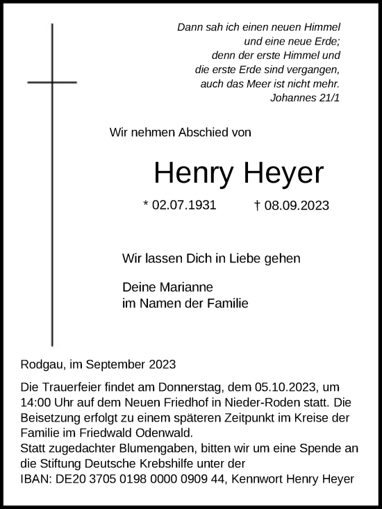 Todesanzeige von Henry Heyer von OF