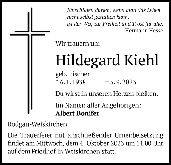 Todesanzeige von Hildegard Kiehl von OF