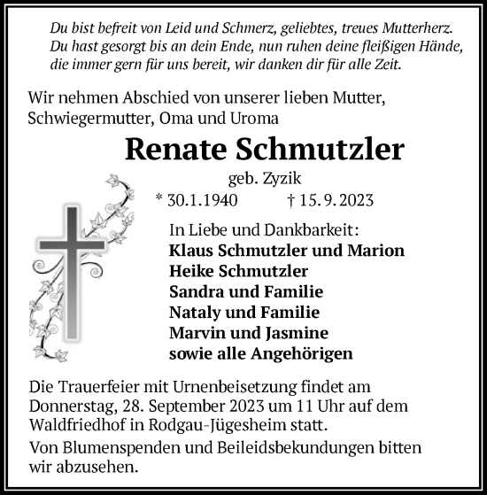 Todesanzeige von Renate Schmutzler von OF