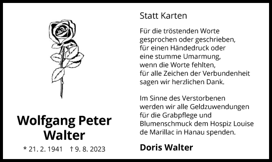 Todesanzeige von Wolfgang Peter Walter von OF