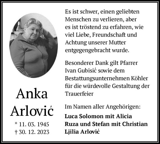 Todesanzeige von Anka Arlovic von OF