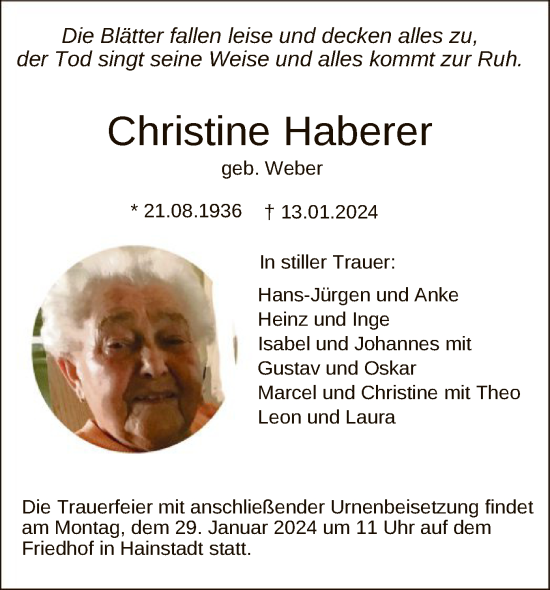 Todesanzeige von Christine Haberer von OF