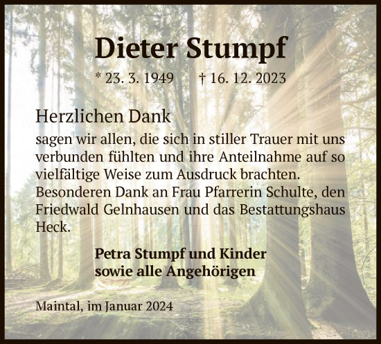 Todesanzeige von Dieter Stumpf von OF