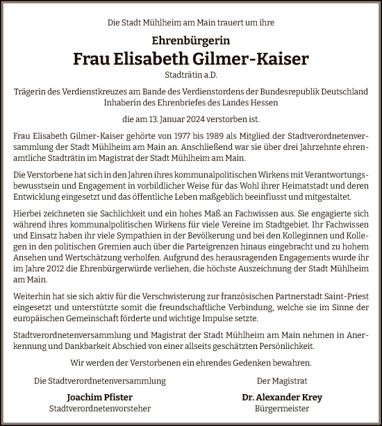 Todesanzeige von Elisabeth Gilmer-Kaiser von OF