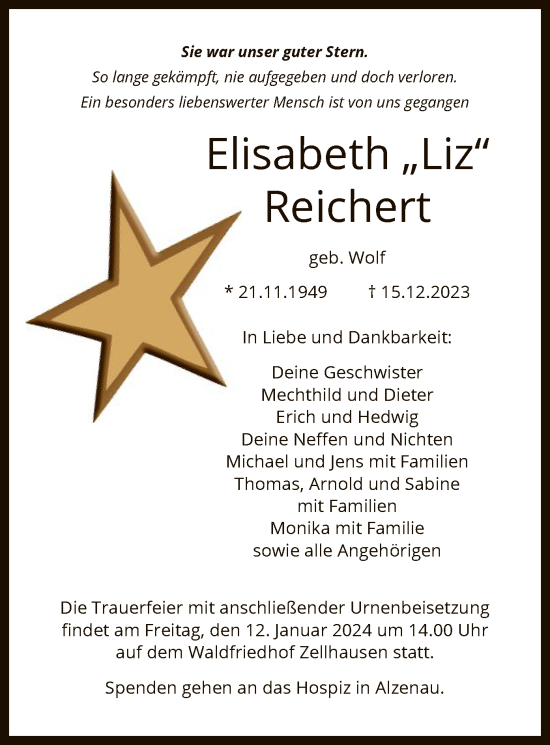 Todesanzeige von Elisabeth Reichert von OF