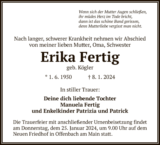 Todesanzeige von Erika Fertig von OF