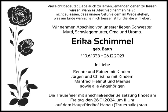 Todesanzeige von Erika Schimmel von OF