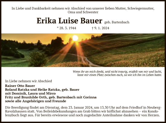 Todesanzeige von Erika Luise Bauer von OF