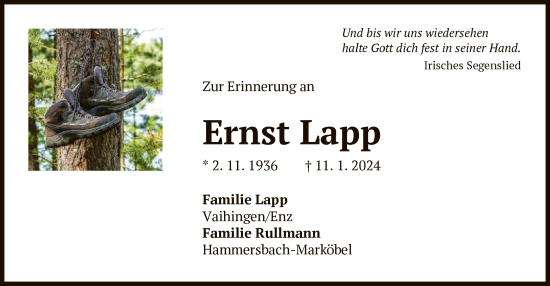 Todesanzeige von Ernst Lapp von OF