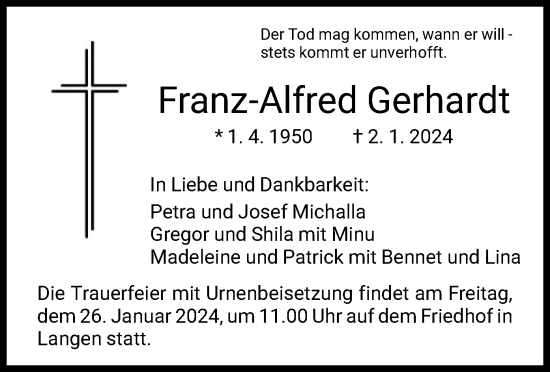 Todesanzeige von Franz-Alfred Gerhardt von OF