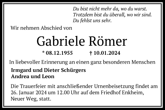 Todesanzeige von Gabriele Römer von OF