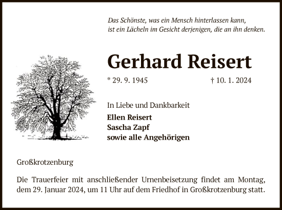 Todesanzeige von Gerhard Reisert von OF