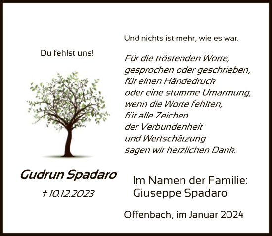 Todesanzeige von Gudrun Spadaro von OF