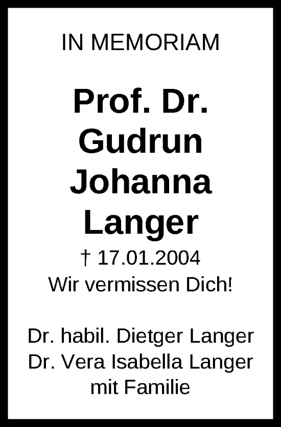 Todesanzeige von Gudrun Johanna Langer von OF