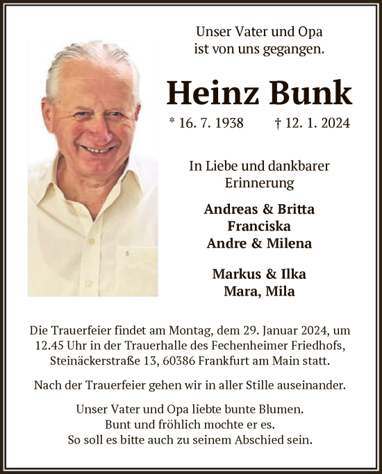 Todesanzeige von Heinz Bunk von OF