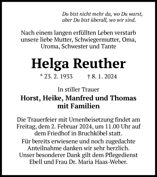 Todesanzeige von Helga Reuther von OF