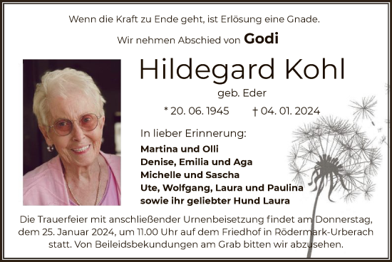 Todesanzeige von Hildegard Kohl von OF
