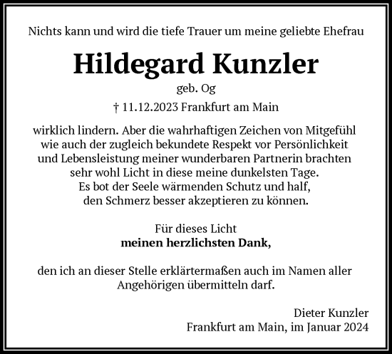 Todesanzeige von Hildegard Kunzler von OF