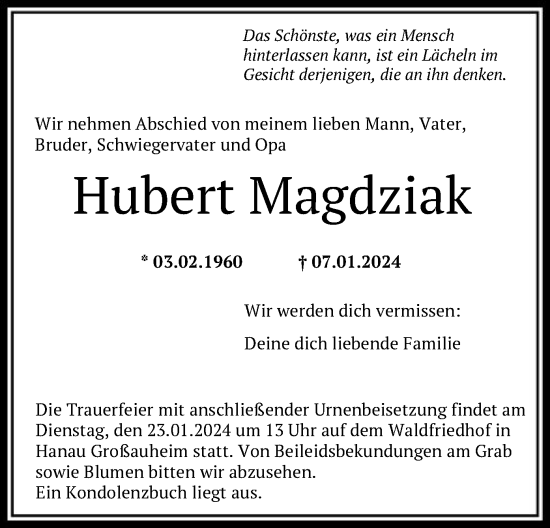 Todesanzeige von Hubert Magdziak von OF