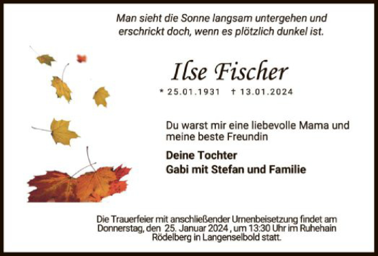 Todesanzeige von Ilse Fischer von OF