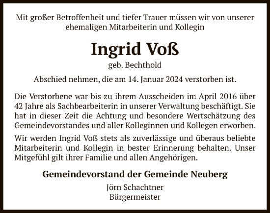 Todesanzeige von Ingrid Voß von OF