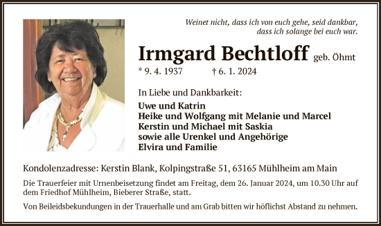 Todesanzeige von Irmgard Bechtloff von OF