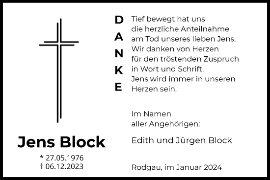 Todesanzeige von Jens Block von OF