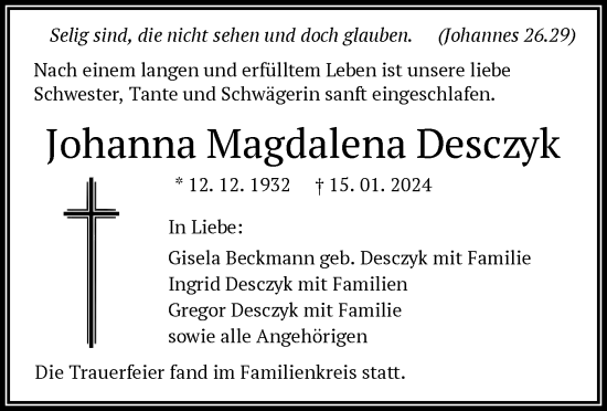 Todesanzeige von Johanna Magdalena Desczyk von OF