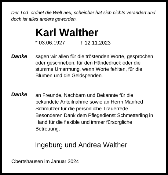 Todesanzeige von Karl Walther von OF