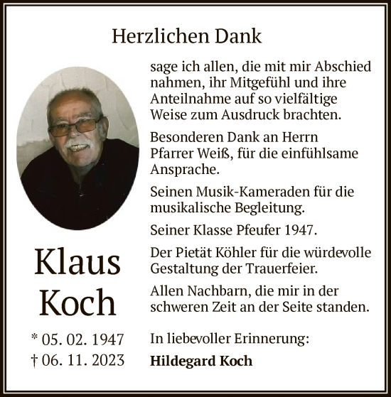 Todesanzeige von Klaus Koch von OF