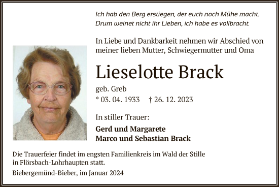 Todesanzeige von Lieselotte Brack von OF