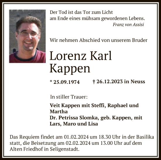 Todesanzeige von Lorenz Karl Kappen von OF