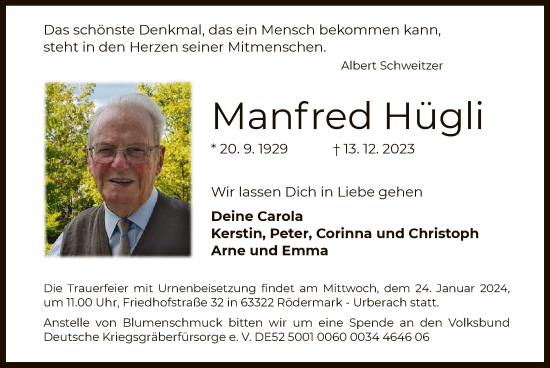 Todesanzeige von Manfred Hügli von OF