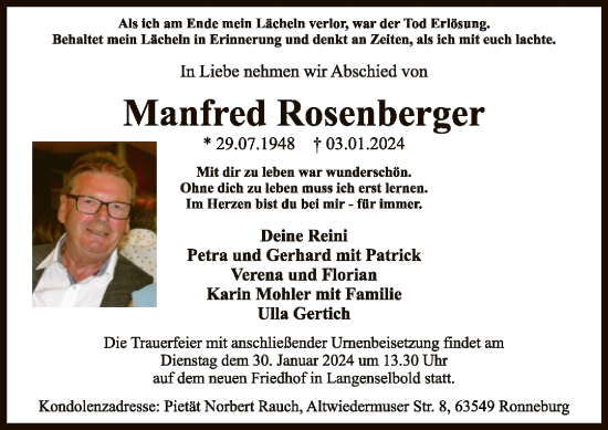 Todesanzeige von Manfred Rosenberger von OF