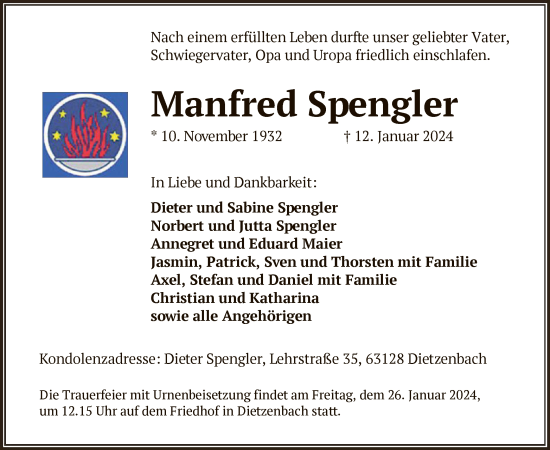 Todesanzeige von Manfred Spengler von OF