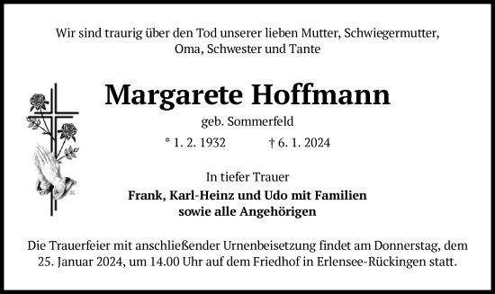 Todesanzeige von Margarete Hoffmann von OF