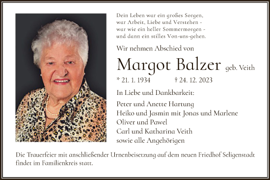 Todesanzeige von Margot Balzer von OF