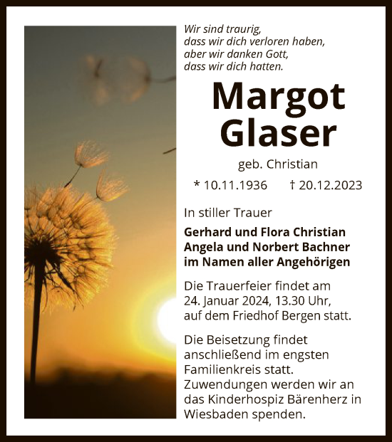 Todesanzeige von Margot Glaser von OF